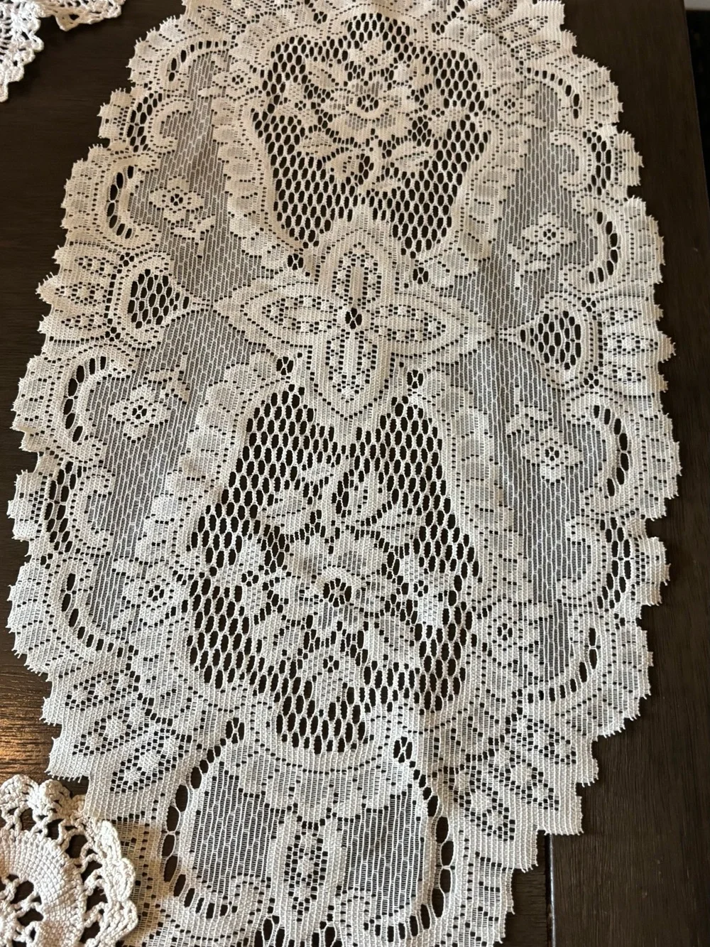 Vintage Handmadeq White Crochet Doily Table Runner and Accent Set